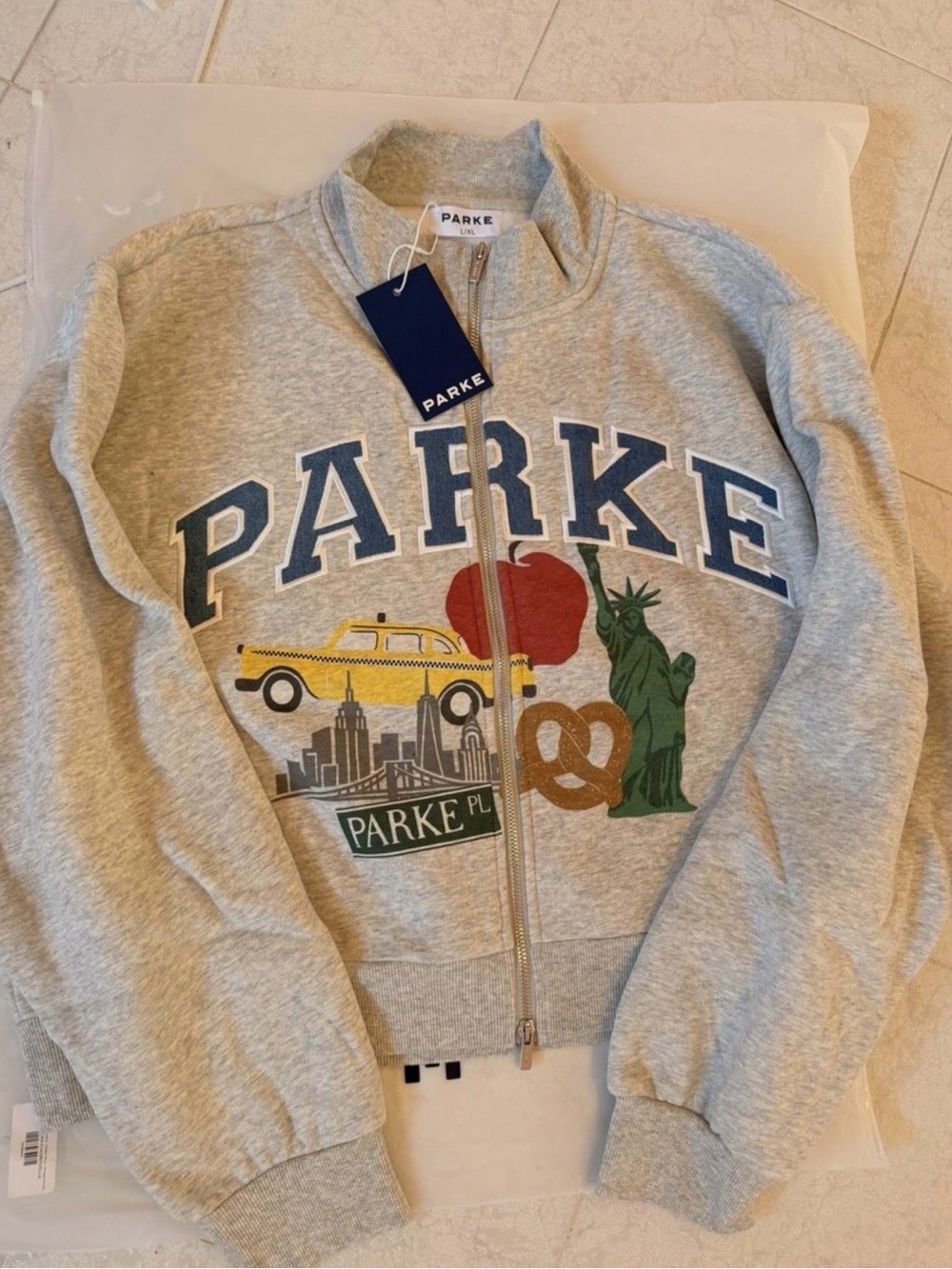 Parke Light Gray Zip-Front Hoodie with NYC Graphic